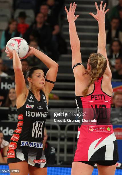 Madi Robinson of the Magpies passes during the round three Super Netball match between the Magpies and the Thunderbirds at Hisense Arena on May 12,...