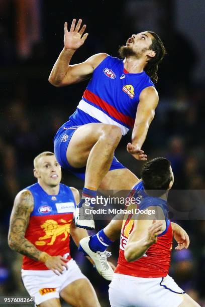 Tom Boyd of the Bulldogs competes for the ball over Stefan Martin of the Lions during the round eight AFL match between the Western Bulldogs and the...