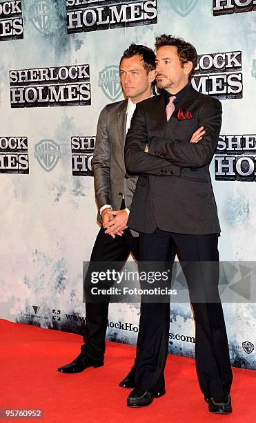 Actors Jude Law and Robert Downey Jr. Arrive at the premiere of ''Sherlock Holmes'' at Kinepolis Cinema on January 13, 2010 in Madrid, Spain.