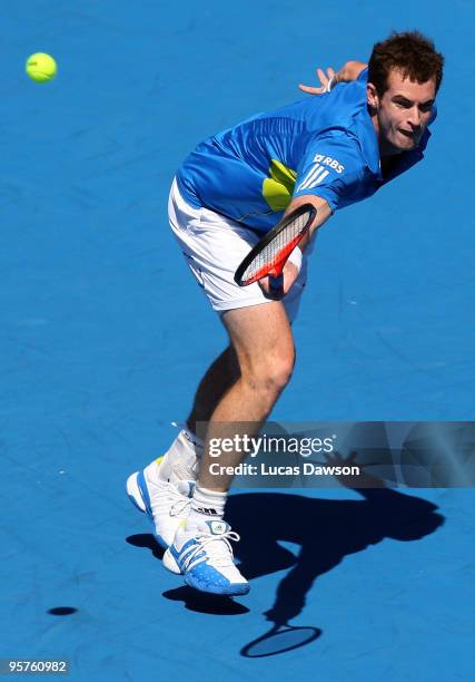 Andy Murray of Great Britain plays a backhand in his exhibition match against Sam Query during day two of the 2010 Kooyong Classic at Kooyong on...