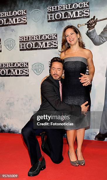 Actor Robert Downey Jr and Susan Downey arrive at the premiere of ''Sherlock Holmes'' at Kinepolis Cinema on January 13, 2010 in Madrid, Spain.