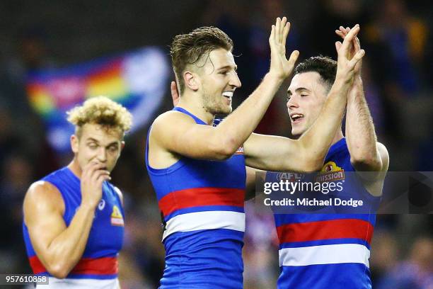 Marcus Bontempelli of the Bulldogs celebrates a goal during the round eight AFL match between the Western Bulldogs and the Brisbane Lions at Etihad...