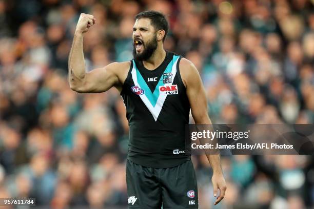Paddy Ryder of the Power celebrates a goal during the 2018 AFL round eight match between the Port Adelaide Power and the Adelaide Crows at Adelaide...