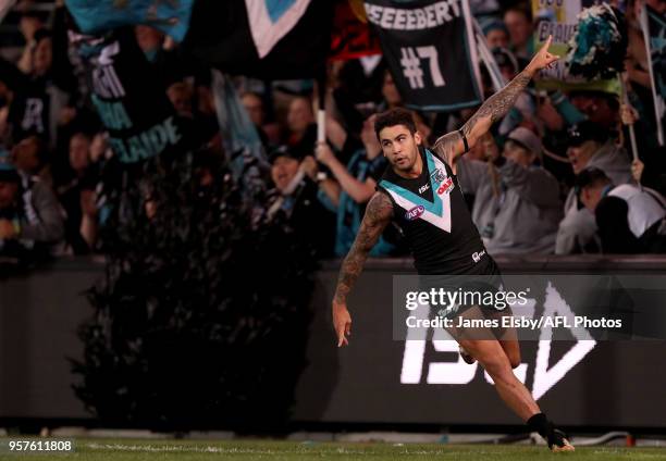 Chad Wingard of the Power celebrates a goal during the 2018 AFL round eight match between the Port Adelaide Power and the Adelaide Crows at Adelaide...