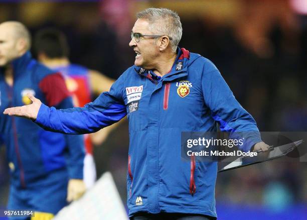 Lions head coach Chris Fagan gestures at three quarter time during the round eight AFL match between the Western Bulldogs and the Brisbane Lions at...