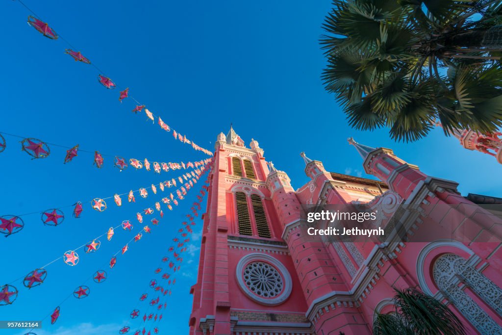Tan Dinh church with pink color in christmas season.
