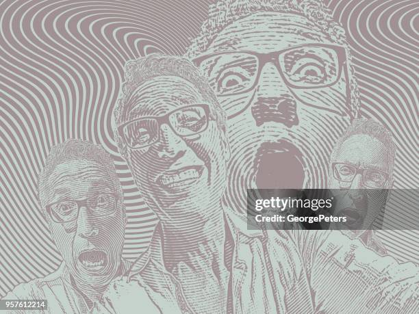 senior men with many facial expressions - dental composite stock illustrations
