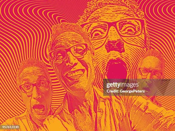 senior men with many facial expressions - dental composite stock illustrations