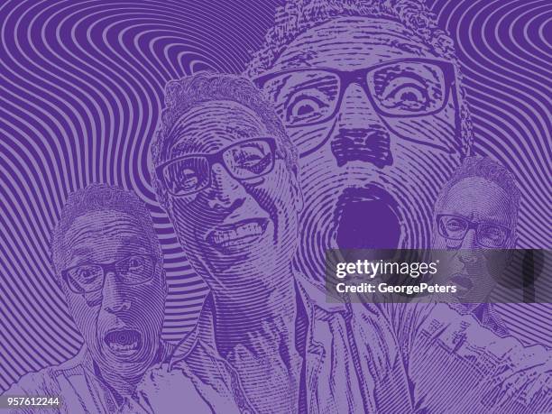 senior men with many facial expressions - dental composite stock illustrations