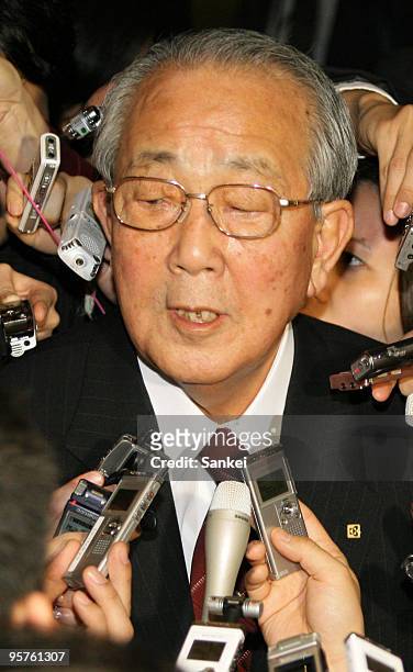 Kyocera Corporation Honorary Chairman and Founder Kazuo Inamori speaks to the reporters after his meeting with Prime Minister Yukio Hatoyama at...