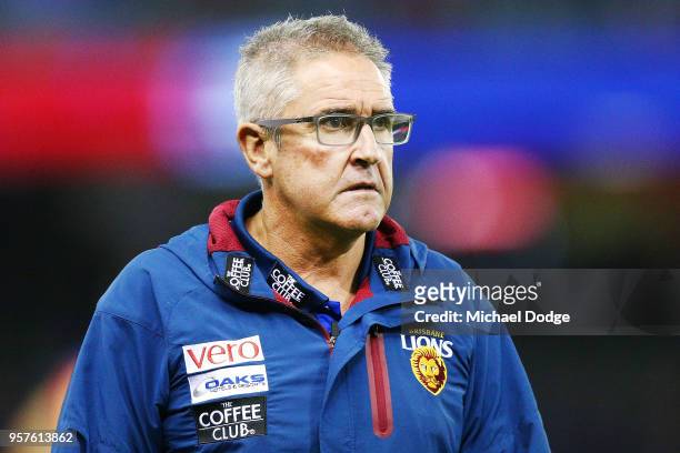 Lions head coach Chris Fagan comes out at at three quarter time during the round eight AFL match between the Western Bulldogs and the Brisbane Lions...