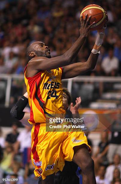 Julius Hodge of the Melbourne Tigers lays up the ball during the round 16 NBL match between the New Zealand Breakers and the Melbourne Tigers at the...