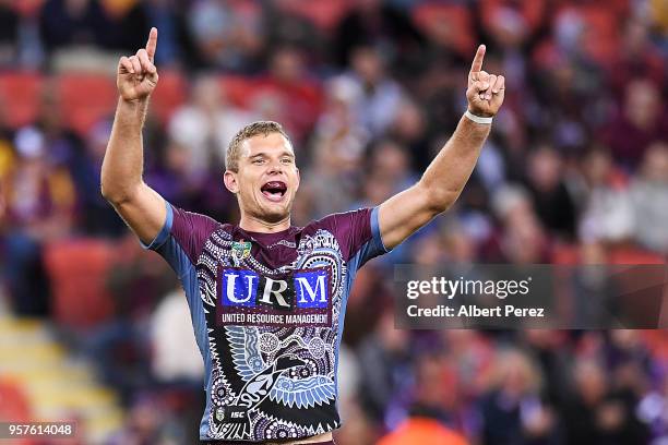 Tom Trbojevic of the Sea Eagles celebrates his team's victory during the round ten NRL match between the Manly Sea Eagles and the Brisbane Broncos at...