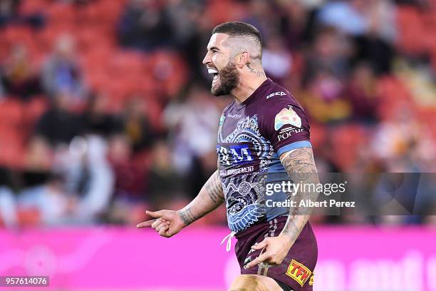 Joel Thompson of the Sea Eagles celebrates his team's victory during the round ten NRL match between the Manly Sea Eagles and the Brisbane Broncos at...