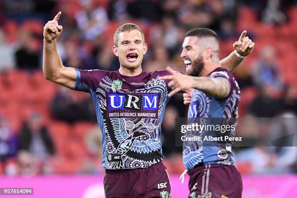 Tom Trbojevic and Joel Thompson of the Sea Eagles celebrate victory during the round ten NRL match between the Manly Sea Eagles and the Brisbane...