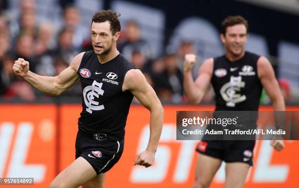 Darcy Lang of the Blues celebrates a goal in his first game as a Blue during the 2018 AFL round eight match between the Carlton Blues and the...