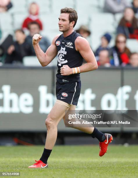 Jed Lamb of the Blues celebrates a goal during the 2018 AFL round eight match between the Carlton Blues and the Essendon Bombers at the Melbourne...