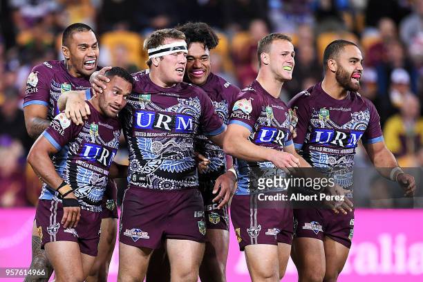 Manly Sea Eagles players celebrate a Apisai Koroisau try during the round ten NRL match between the Manly Sea Eagles and the Brisbane Broncos at...