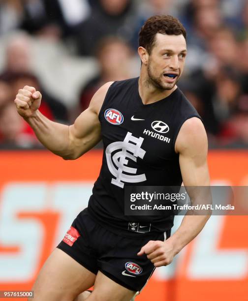 Darcy Lang of the Blues celebrates a goal in his first game as a Blue during the 2018 AFL round eight match between the Carlton Blues and the...