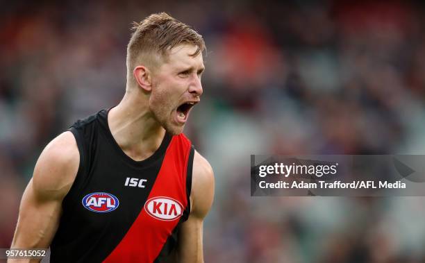 Shaun McKernan of the Bombers celebrates a goal during the 2018 AFL round eight match between the Carlton Blues and the Essendon Bombers at the...