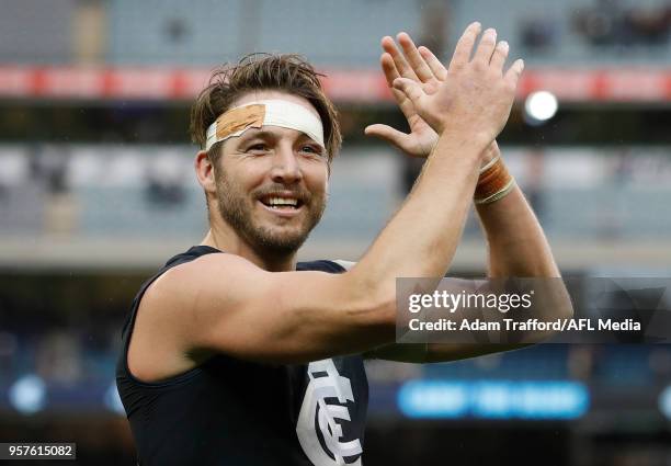 Dale Thomas of the Blues thanks fans during the 2018 AFL round eight match between the Carlton Blues and the Essendon Bombers at the Melbourne...