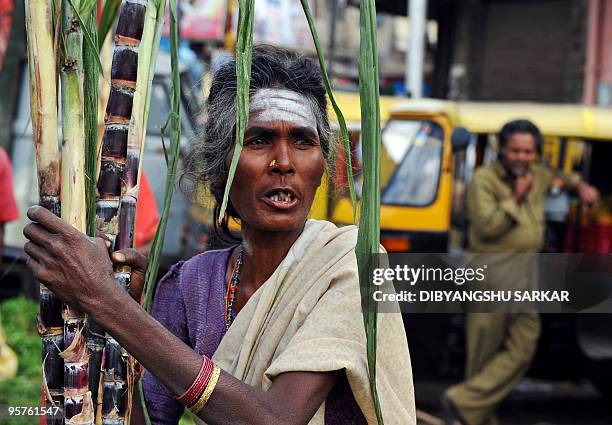 An Indian sugarcane vendor waits for customers for the celebration of the festival of Pongal, at the main wholesale market in Bangalore, on January...