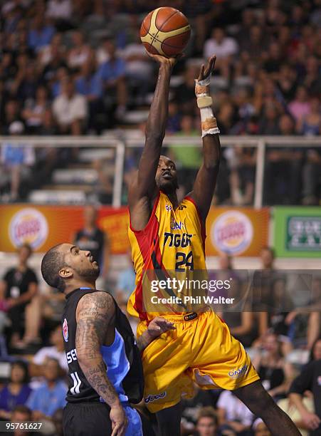 Julius Hodge of the Melbourne Tigers lays up the ball during the round 16 NBL match between the New Zealand Breakers and the Melbourne Tigers at the...