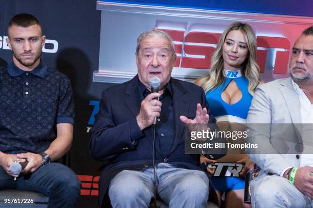 Boxing promoter Bob Arum speaks during the final press conference for the upcoming Lightweight fight between Vasilily Lomachenko and Jorge Linares at...