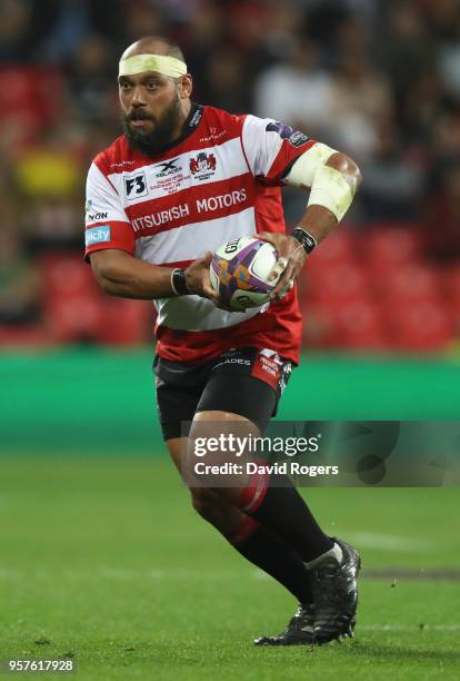 John Afoa of Gloucester runs with the ball during the European Rugby Challenge Cup Final match between Cardiff Blues v Gloucester Rugby at San Mames...