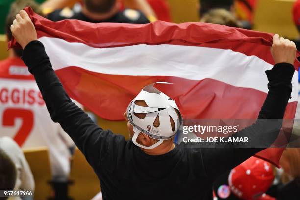 Latvian fan celebrates during the group B match Latvia vs Germany of the 2018 IIHF Ice Hockey World Championship at the Jyske Bank Boxen in Herning,...