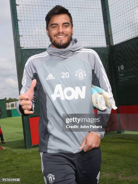 Sergio Romero of Manchester United in action during a first team training session at Aon Training Complex on May 12, 2018 in Manchester, England.