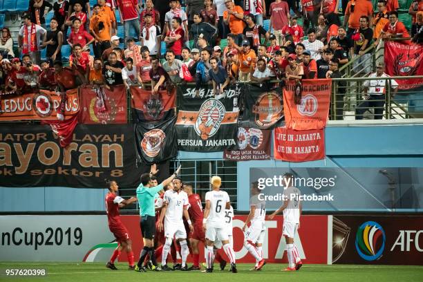 Fans of Persija Jakarta at the AFC Cup Zonal Semi final between Home United and Persija Jakarta at Jalan Besar Stadium on May 8, 2018 in Singapore.