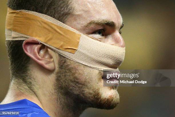 Daniel McStay of the Lions looks dejected after defeat during the round eight AFL match between the Western Bulldogs and the Brisbane Lions at Etihad...