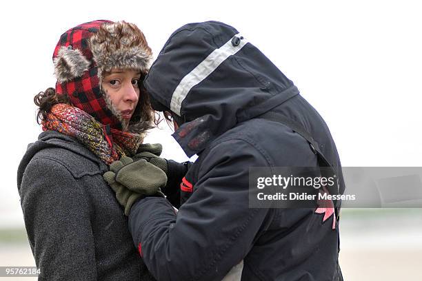Marie Vinck films a scene on set for the film 'Adem' on January 13, 2010 in Ostend, Belgium.