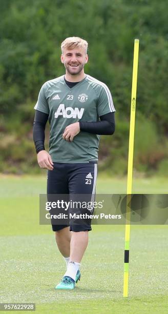 Luke Shaw of Manchester United in action during a first team training session at Aon Training Complex on May 12, 2018 in Manchester, England.