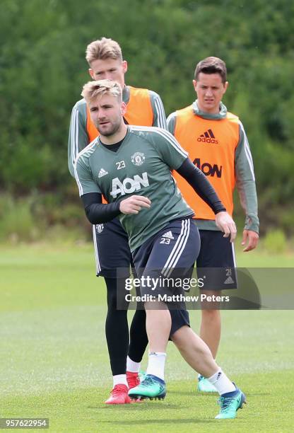 Luke Shaw of Manchester United in action during a first team training session at Aon Training Complex on May 12, 2018 in Manchester, England.