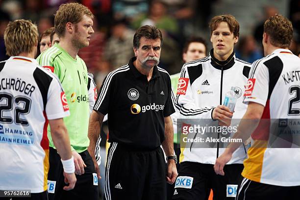 Head coach Heiner Brand of Germany reacts during the international handball match between Germany and Brazil at the SAP Arena on January 13, 2010 in...