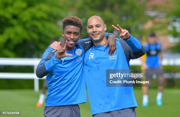 Demarai Gray and Yohan Benalouane during the Leicester City training session at Belvoir Drive Training Complex on May 12 , 2018 in Leicester, United...