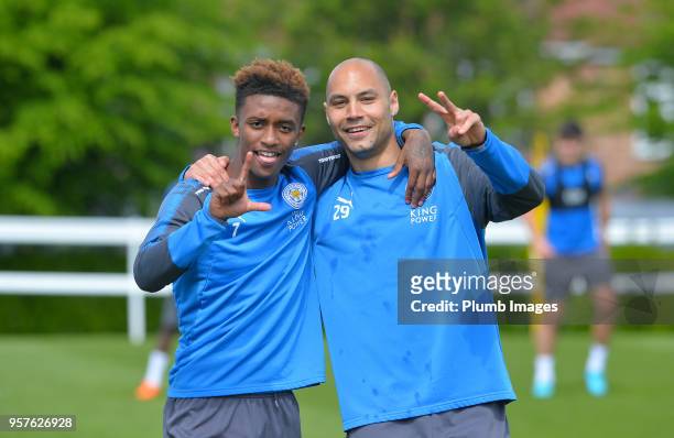 Demarai Gray and Yohan Benalouane during the Leicester City training session at Belvoir Drive Training Complex on May 12 , 2018 in Leicester, United...