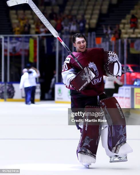 Elvis Merzlikins, goaltender of Latvia celebrates after the 2018 IIHF Ice Hockey World Championship Group B game between Latvia and Germany at Jyske...