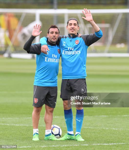 Santi Cazorla and Hector Bellerin of Arsenal during a training session at London Colney on May 12, 2018 in St Albans, England.