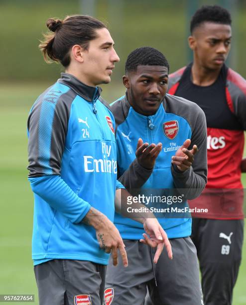 Hector Bellerin and Ainsley Maitland-Niles of Arsenal during a training session at London Colney on May 12, 2018 in St Albans, England.