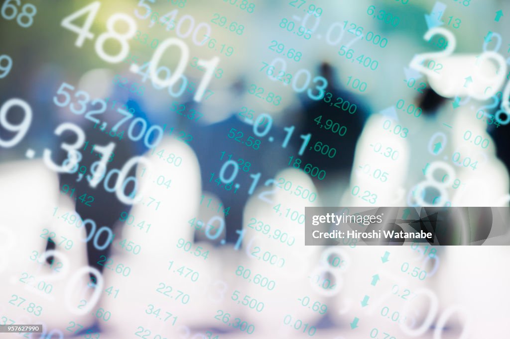 Multi layered, walking businessmen with stock index