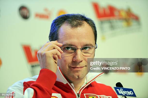 Ferrari F1 Team manager Stafano Domenicali gestures during a news conference on January 13, 2010 during the "Wrooom 2010, F1 and MotoGP Press Ski...