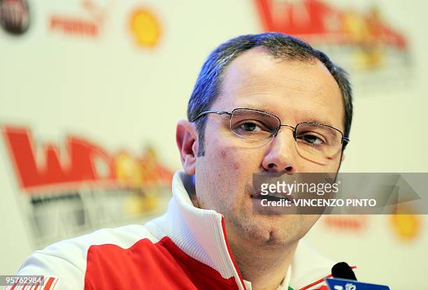 Ferrari F1 Team manager Stafano Domenicali answers questions during a news conference on January 13, 2010 during the "Wrooom 2010, F1 and MotoGP...