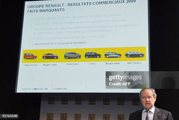 French car maker Renault executive vice president Jerome Stoll delivers a speech during the Renault 2009 world sales results on Januray 14, 2010 in...