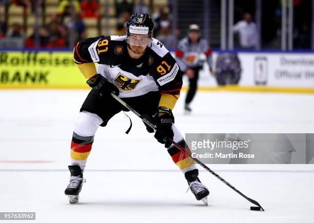 Moritz Mueller of Germany skates against Latvia during the 2018 IIHF Ice Hockey World Championship Group B game between Latvia and Germany at Jyske...