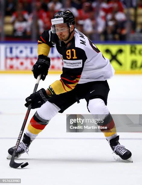 Moritz Mueller of Germany skates against Latvia during the 2018 IIHF Ice Hockey World Championship Group B game between Latvia and Germany at Jyske...