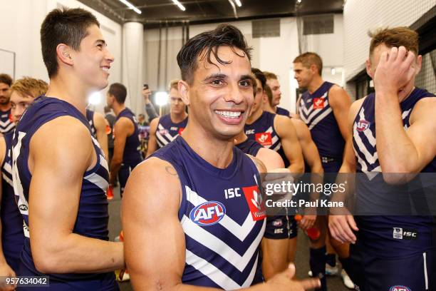 Danyle Pearce of the Dockers looks on after winning the round eight AFL match between the Fremantle Dockers and the St Kilda Saints at Optus Stadium...