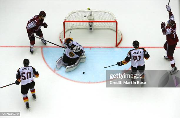 Rihards Bukarts of Latvia celebrates his teams 2nd goal during the 2018 IIHF Ice Hockey World Championship Group B game between Latvia and Germany at...